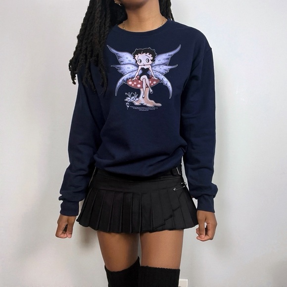 Y2K Betty Boop Fairy Crewneck Pullover Sweatshirt Blue Vintage Grunge Top 2009 - Picture 1 of 13